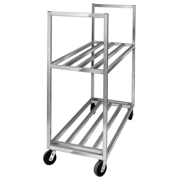 An aluminum Channel two shelf utility cart with wheels.