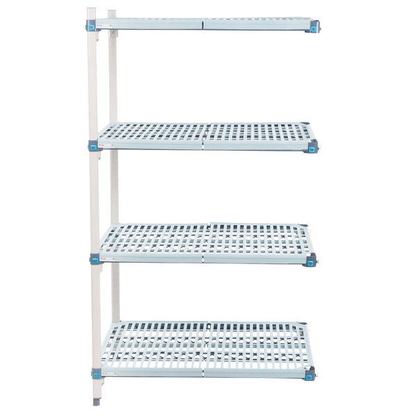 A white metal shelf with three shelves and a grid with holes.