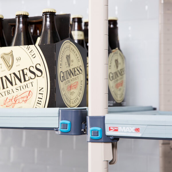 A MetroMax Q shelving unit with bottles of Guinness beer on it.