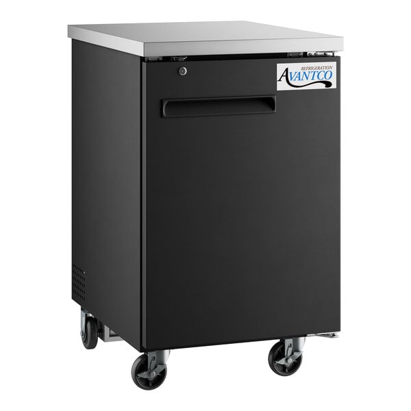 An Avantco black back bar refrigerator with a white label.