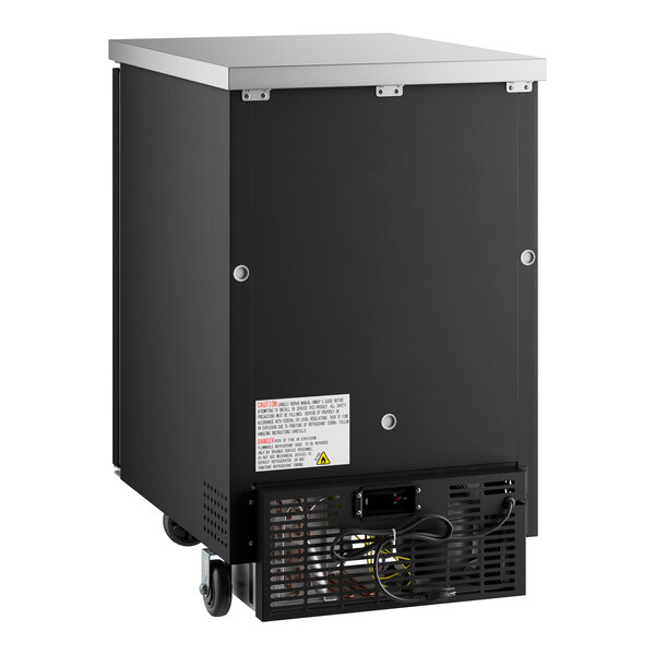 An Avantco black rectangular back bar refrigerator with wheels.