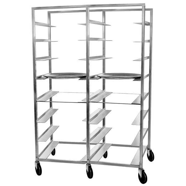 A Channel heavy-duty aluminum sheet pan rack with shelves on wheels.