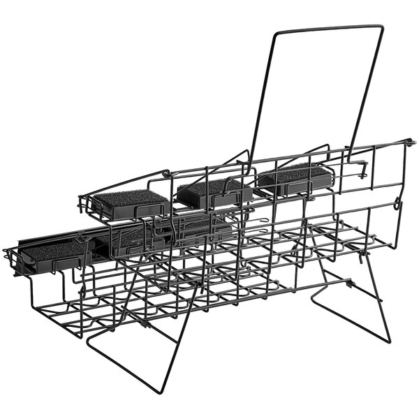 A black wire rack with 6 compartments for airpots.