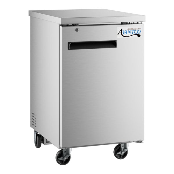 A silver Avantco back bar refrigerator with a black handle on wheels.