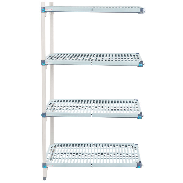A white MetroMax Q shelf with blue handles.