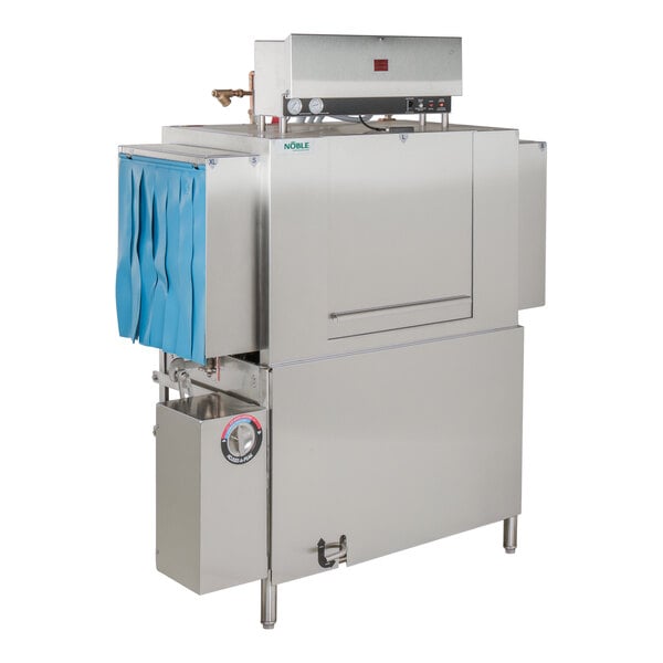 A commercial stainless steel conveyor dishwasher with blue entry curtains and control panel, designed for left-to-right operation.