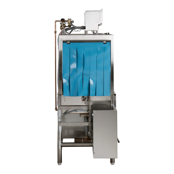 A commercial conveyor dishwasher with a stainless steel body and blue plastic curtain, designed for left to right operation.