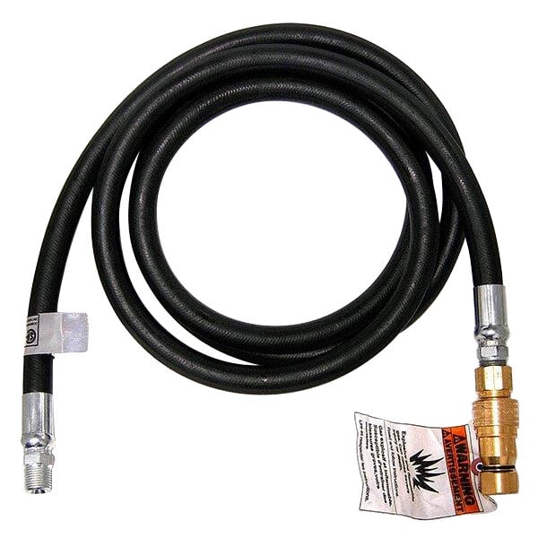 A black Crown Verity natural gas hose with a gold tip and silver quick disconnect.