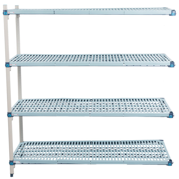A white MetroMax Q shelving add on unit with three metal shelves and white plastic grates with black holes.