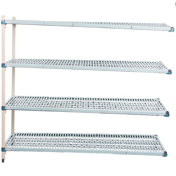 A white metal MetroMax Q shelving rack with three shelves.