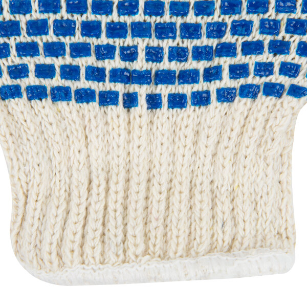 A pair of knitted Cordova work gloves with blue squares on the palms.
