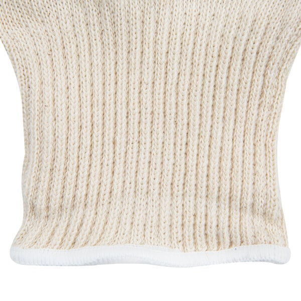 A pair of Cordova natural cotton work gloves with blue nitrile coating and white trim.