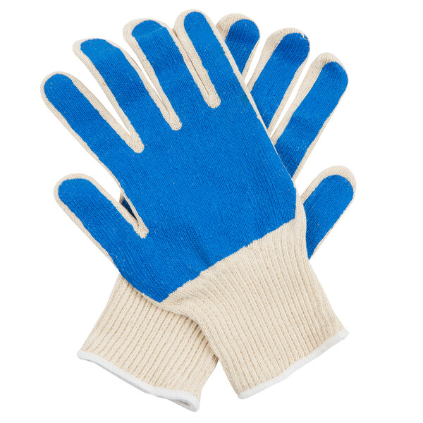 A pair of Cordova blue and white work gloves with blue nitrile palms.