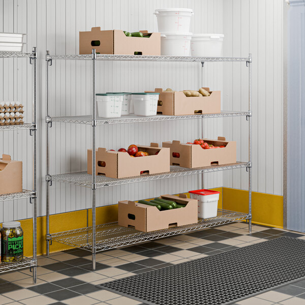A chrome wire shelving unit with four adjustable shelves, holding various boxes and containers.