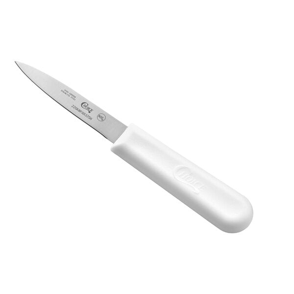 A small knife with a straight, pointed stainless steel blade and a white handle.