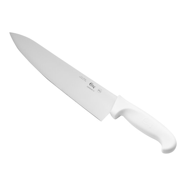 A 10-inch chef knife with a white handle.