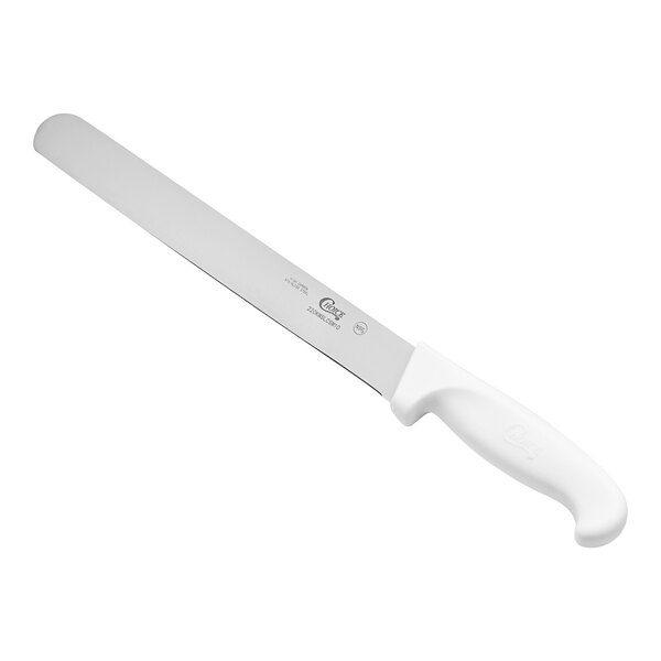 A 10-inch straight edge slicing knife with a white handle.