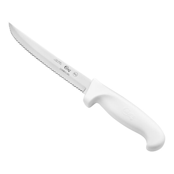A 6-inch serrated edge utility knife with a white handle.