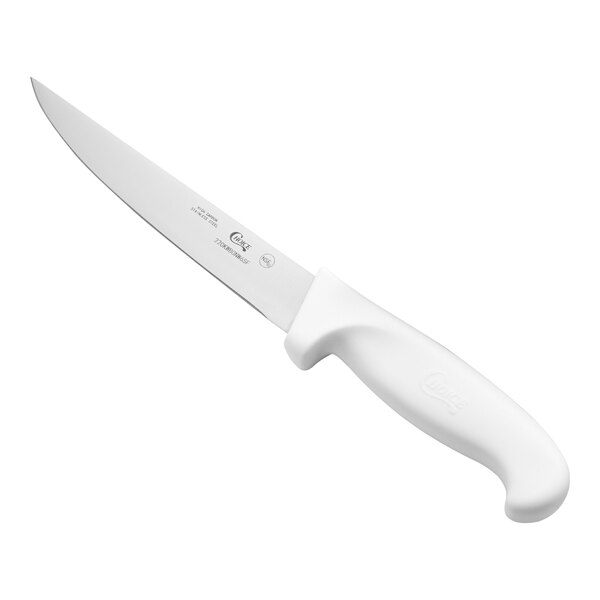 A 6-inch wide stiff boning knife with a white handle.