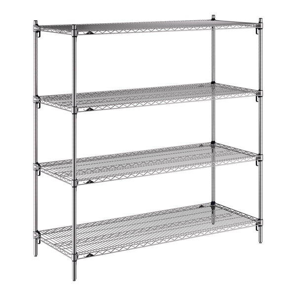 A four-shelf chrome wire stationary shelving unit with adjustable shelves.