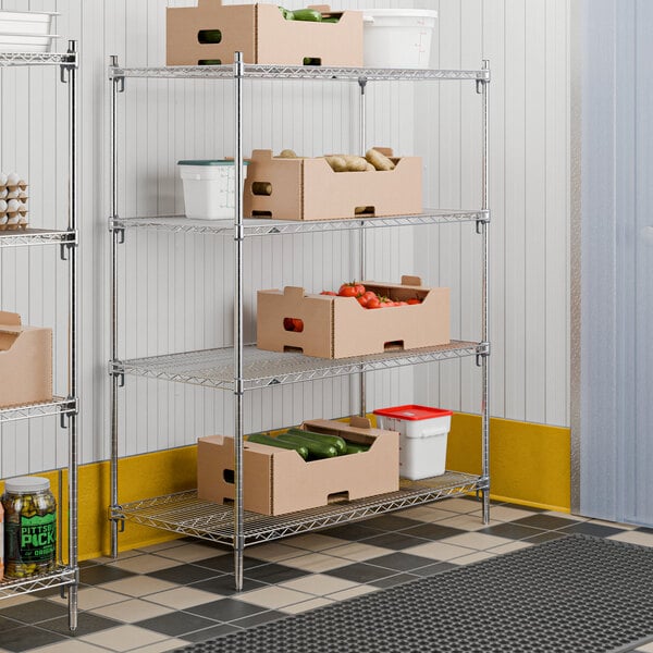 A chrome wire shelving unit with four adjustable shelves, holding cardboard boxes and plastic containers.