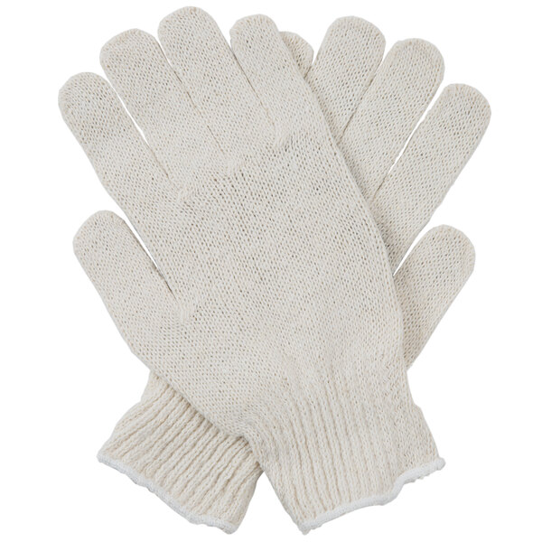 A pair of Cordova white polyester/cotton gloves with black PVC coating on the palms.