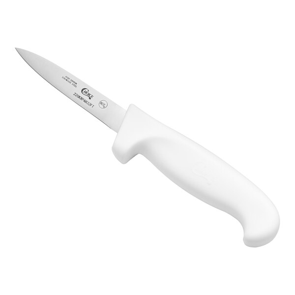A paring knife with a 3 1/4-inch smooth edge blade and a wide white handle.