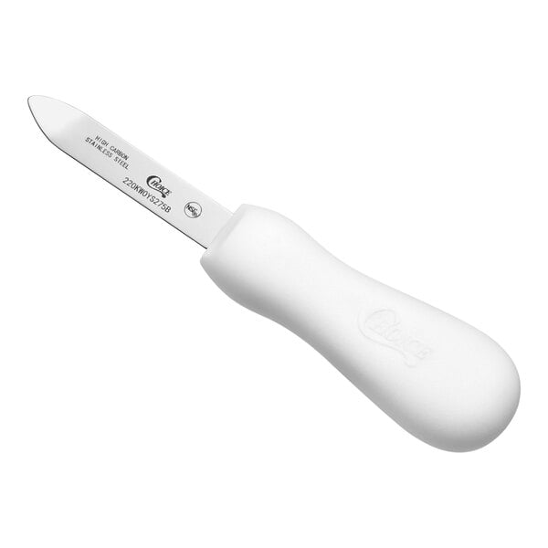 A New Haven style oyster knife with a white handle and a short, rounded stainless steel blade.