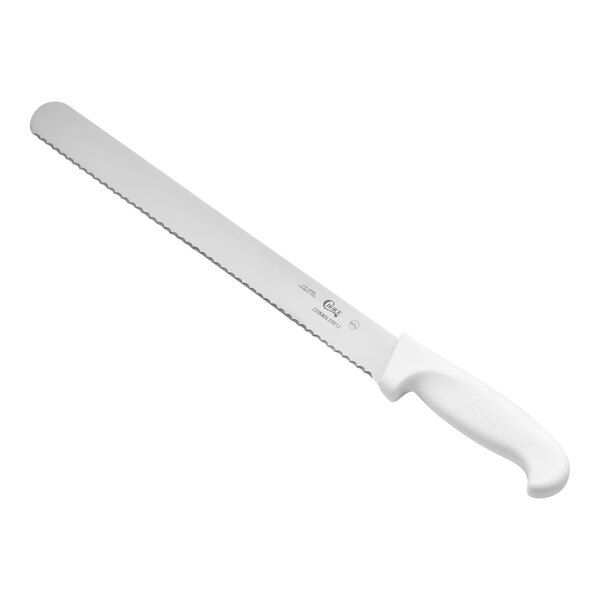 A 12-inch serrated edge bread knife with a white handle.
