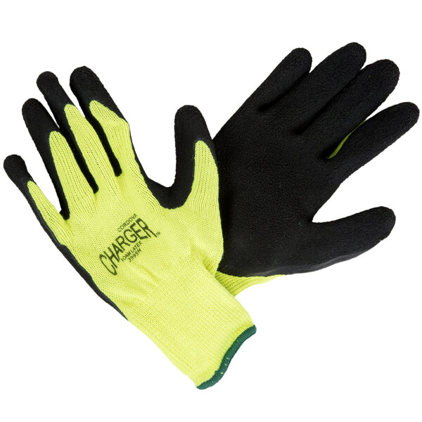 A pair of green and black Cordova warehouse gloves with foam latex coating on a white background.