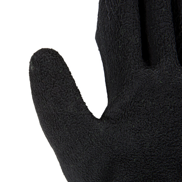 A close up of a pair of Cordova Hi-Vis green and black gloves with latex palms.