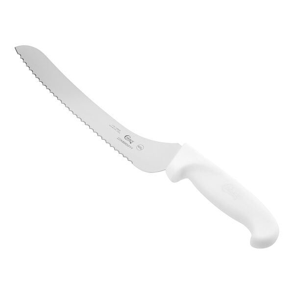 A Choice bread knife with a white handle.
