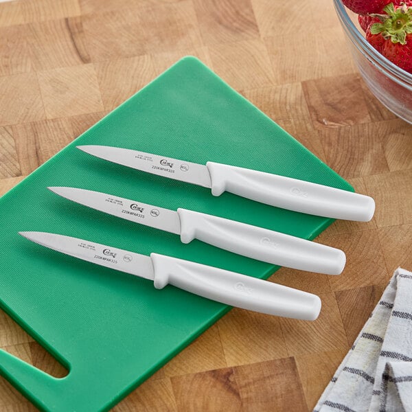 Choice 3 1/4" Smooth Edge Paring Knife with White Handle - 3/Pack