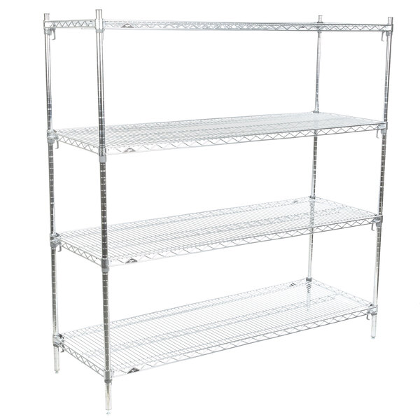 A Metro Super Erecta chrome wire shelving unit with four shelves.
