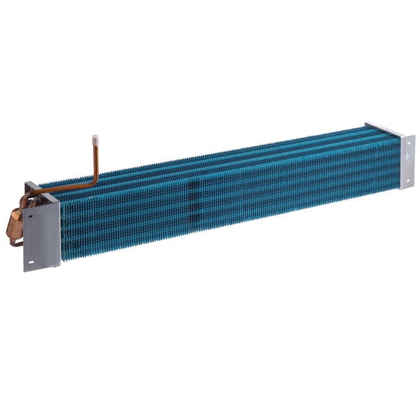 A blue and silver Avantco evaporator coil with copper pipes.