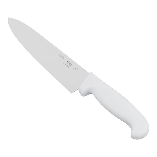 An 8-inch chef knife with a white handle.