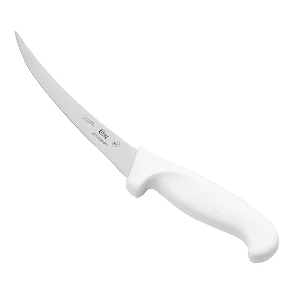 A 6-inch curved flexible boning knife with a white handle.