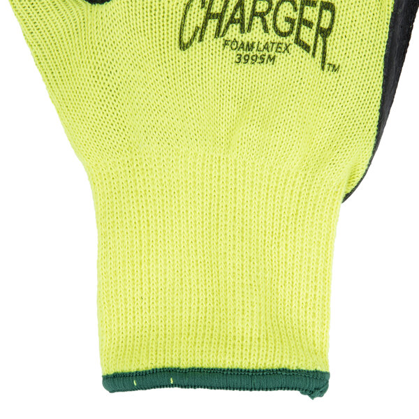 A pair of yellow Cordova Charger gloves with black foam latex palm coating and black text on the cuff.