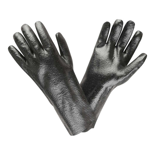 A pair of black 14-inch rough PVC gloves with interlock lining, size large.