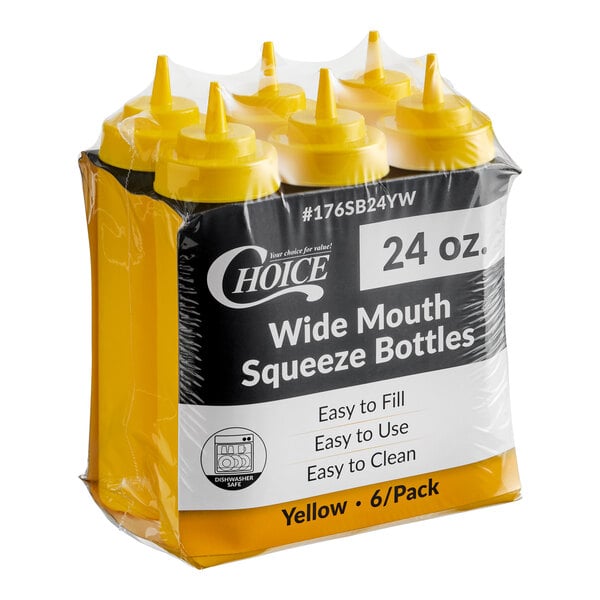 A six-pack of 24 oz. yellow wide mouth squeeze bottles.