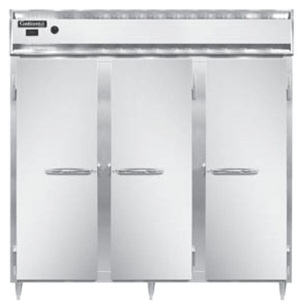 The open doors of three white rectangular stainless steel holding cabinets.