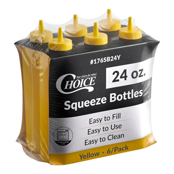 A six-pack of 24 oz. yellow squeeze bottles packaged together.