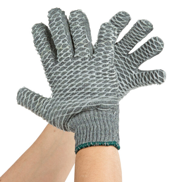 A pair of Cordova gray grip gloves with criss-cross PVC coating on the palms and fingers.