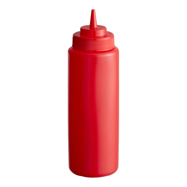 A red plastic wide mouth squeeze bottle with a pointed nozzle lid.