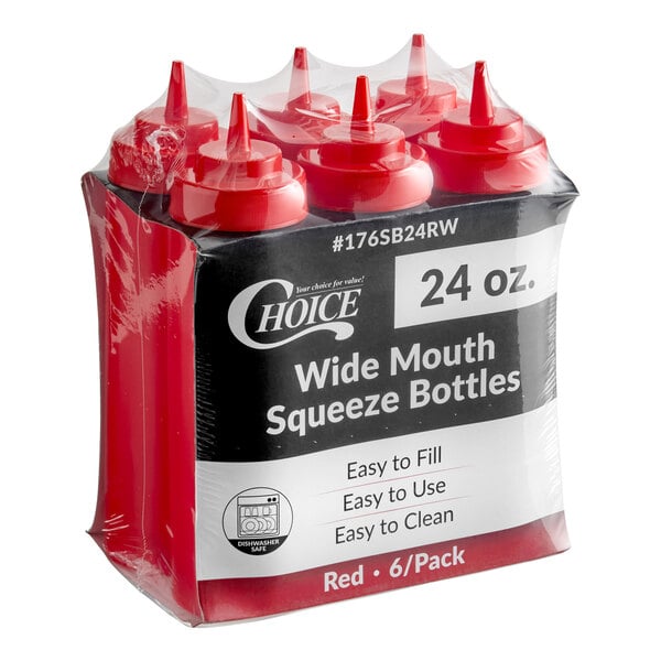 A six-pack of 24 oz. red wide mouth squeeze bottles.