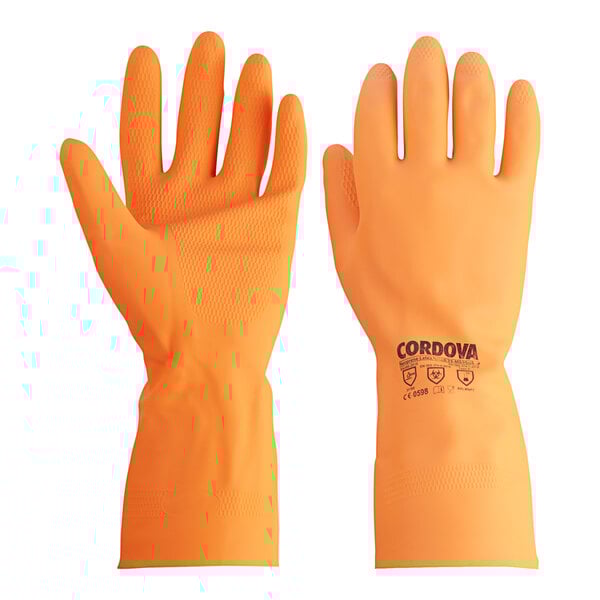 A pair of orange Cordova rubber gloves.