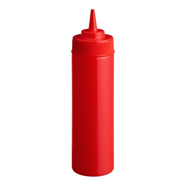 A red 12 oz. wide mouth squeeze bottle with a pointed nozzle lid.