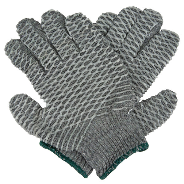 A pair of Cordova gray gloves with two-sided PVC coating and green criss-cross pattern on the palms.