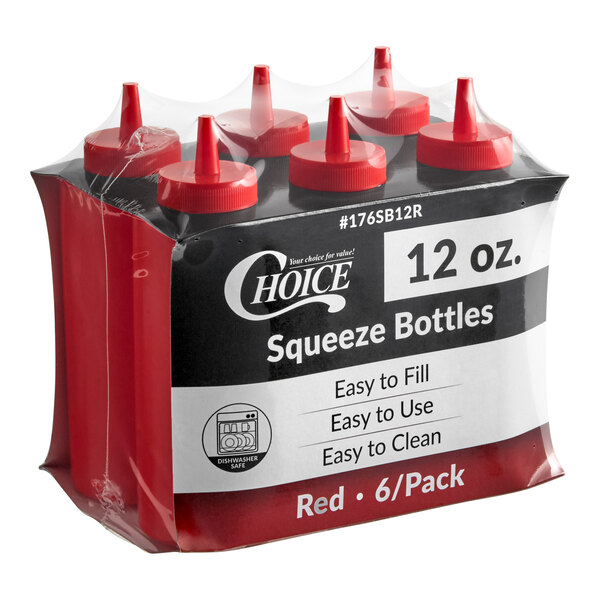 A six-pack of 12-ounce red squeeze bottles.