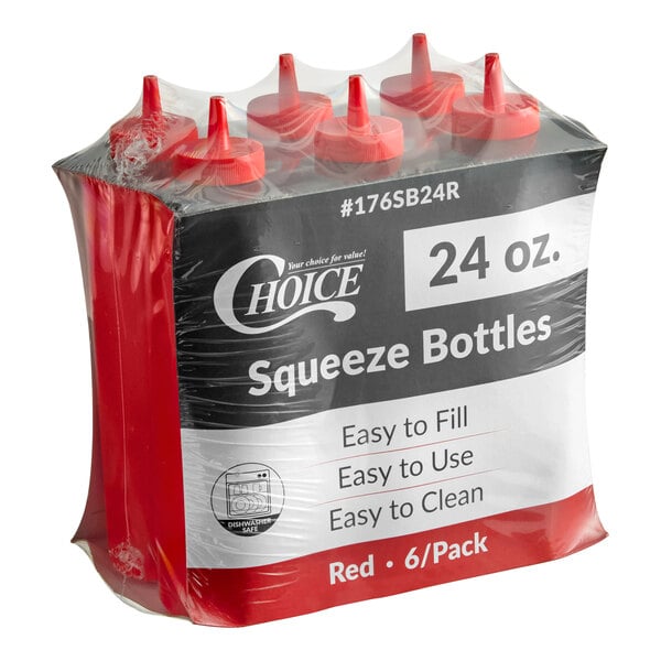 A six-pack of 24 oz. red squeeze bottles packaged together.